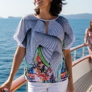 Designer Abstract Geometr Print Key Hole Split Short Sleeve Blouse Top S